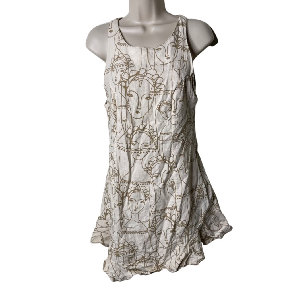 Farm Rio linen blend cream and gold frida Khalo tribute print mini dress sz M